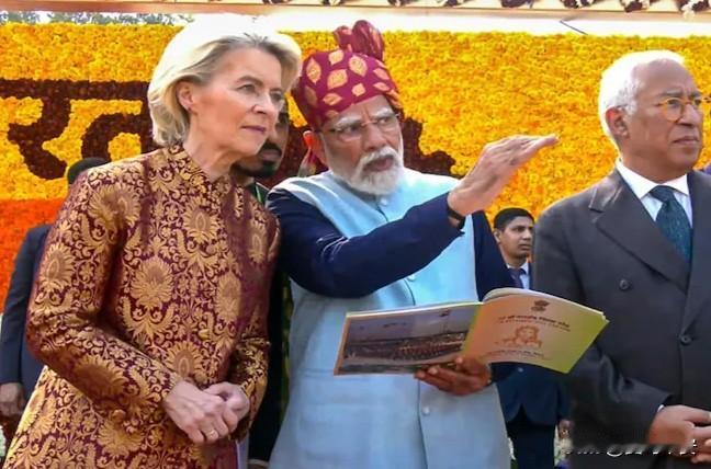 冯德莱恩出席印度大阅兵今天，欧洲掌舵者冯德莱恩代表欧盟出席了印度第77个共和国