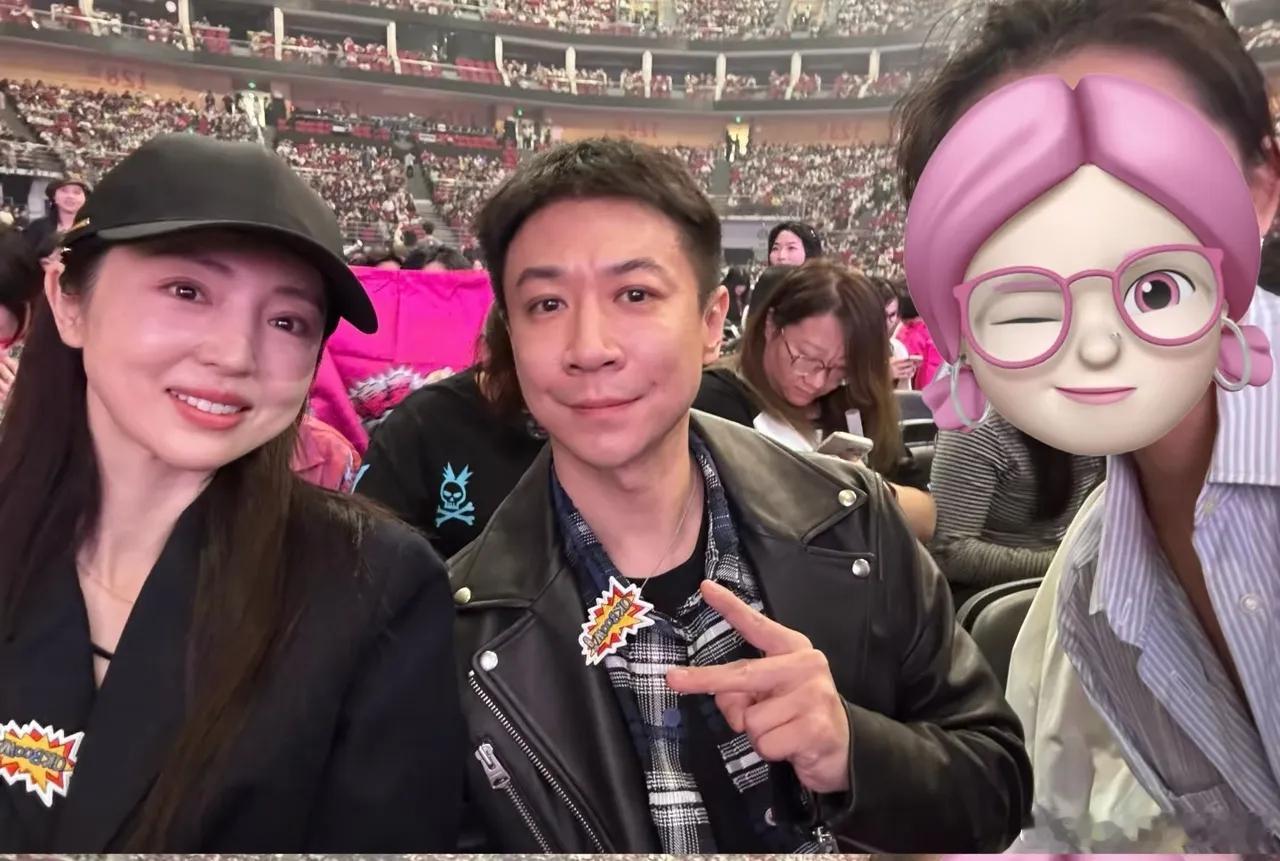 董璇和张维伊罕见合体，一起在广州看大张伟演唱会，人群中不是那么耀眼，只有少部分人