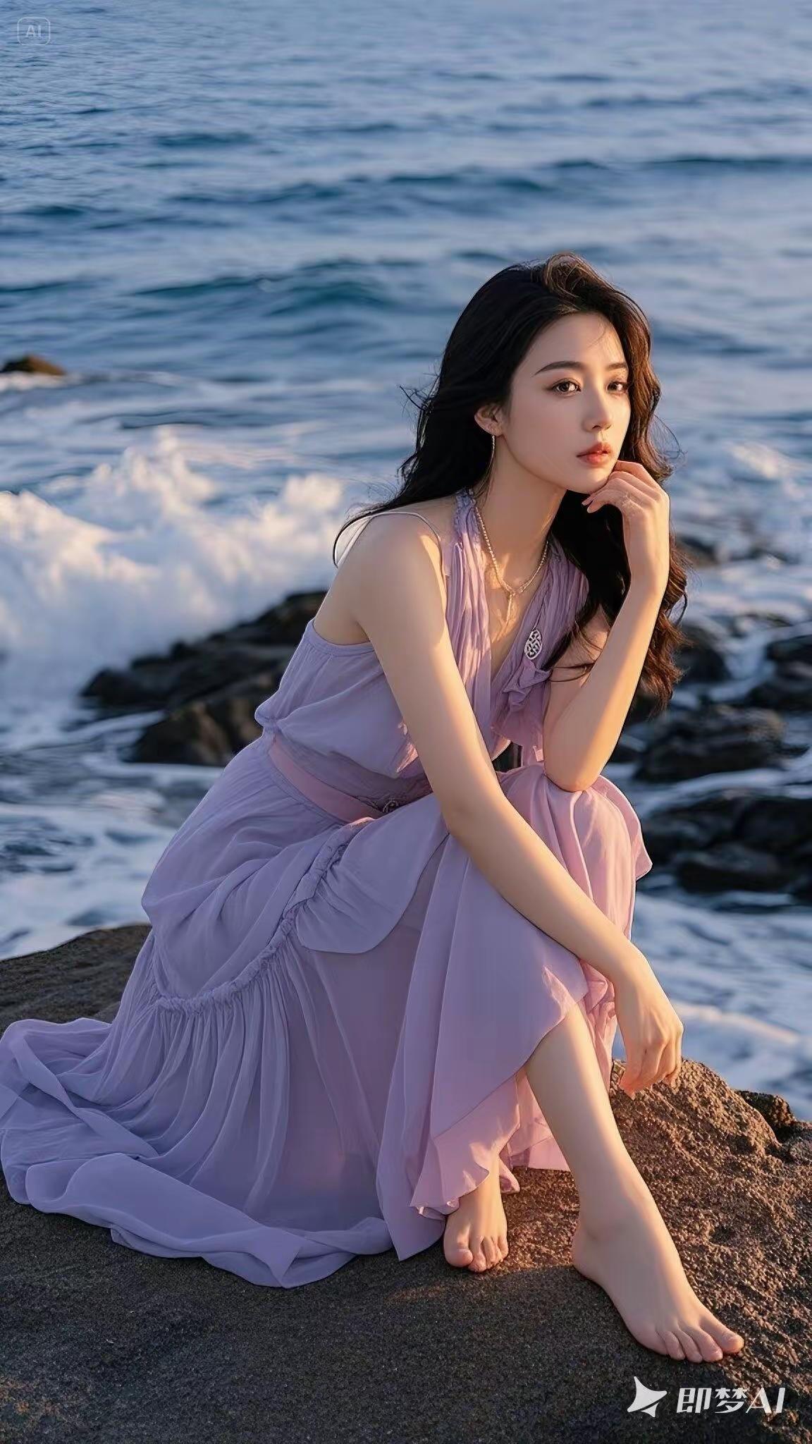海边漫步，轻盈飘逸的紫色长裙，与海浪轻吻，感受大自然的温柔拥抱。🌊💕