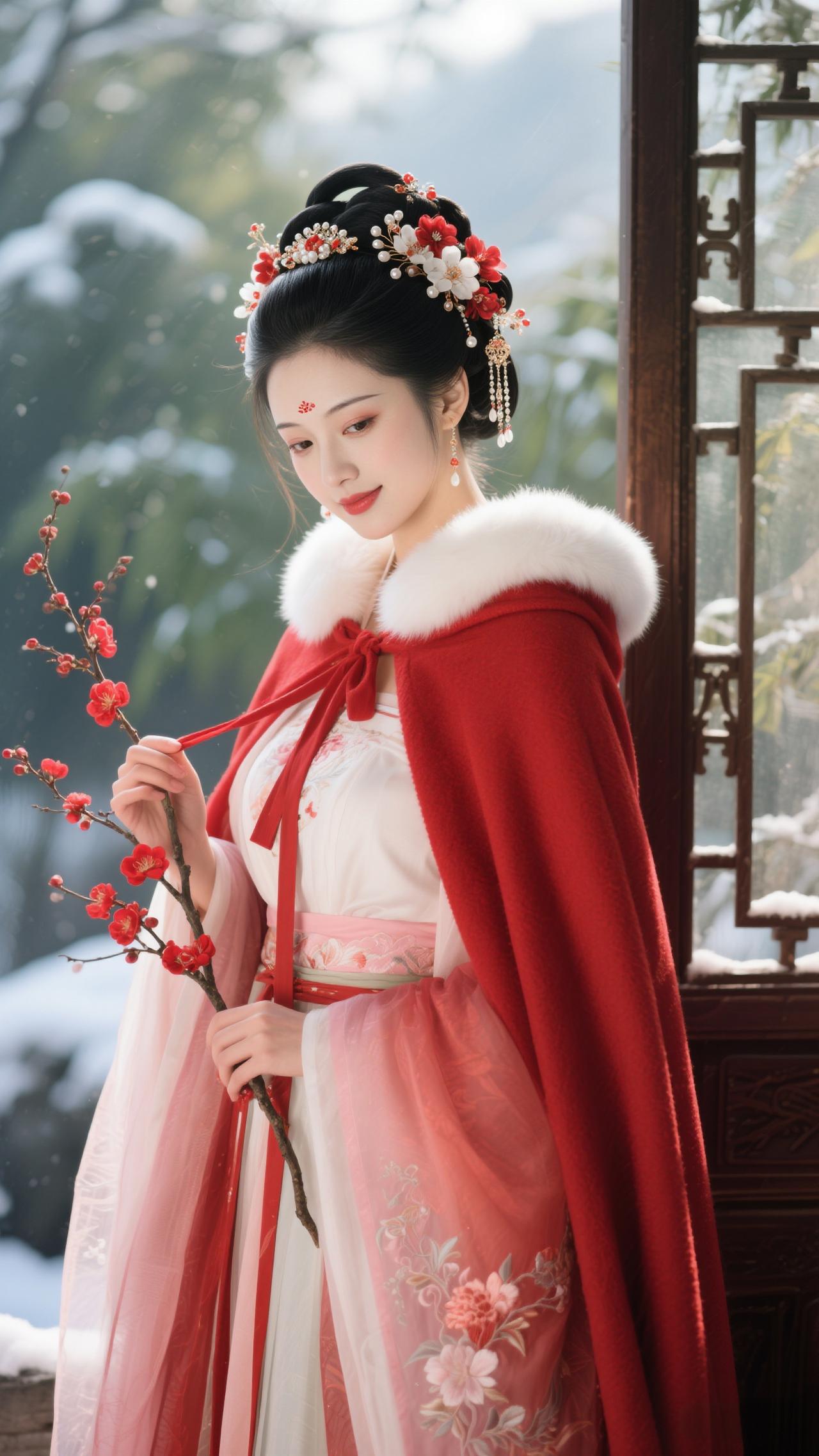 鹧鸪天·雪窗梅影罗袂生香立雪窗，红氅轻遮玉色长。梅簪暗缀玲珑韵，寒蕊明承暖