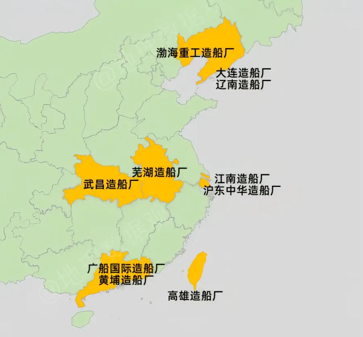 这是中国十大造船厂在全国的分布，大部分隶属于中船集团。船厂相当于车间，设计在总体