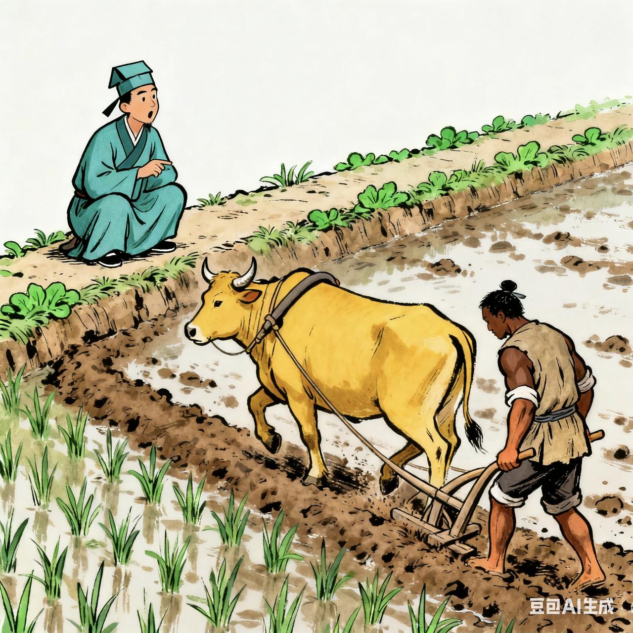 古代笑话秀才去赶集，见农夫赶牛犁地，蹲在田埂上摇头晃脑：“这犁得斜了半寸，失