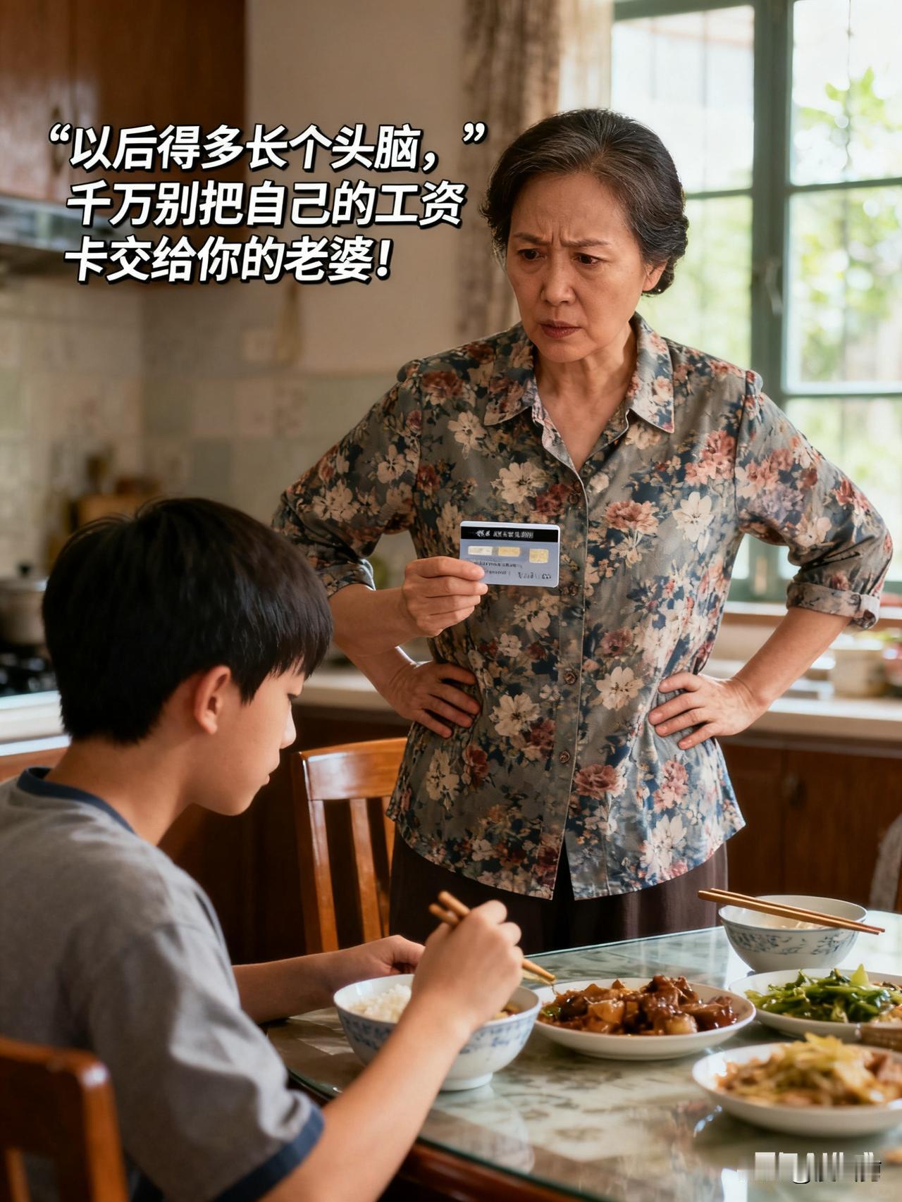 世上最搞怪的梗，就是：一母亲拿着老公的工资卡，来到自己儿子面前，