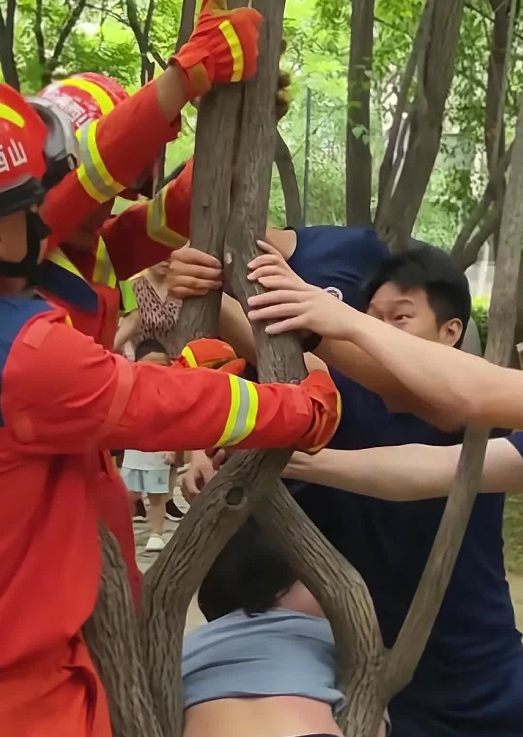这是谁家媳妇？卡树里面出不来了？事发山西太原，一名女子钻进树杈里出不来了。急的那