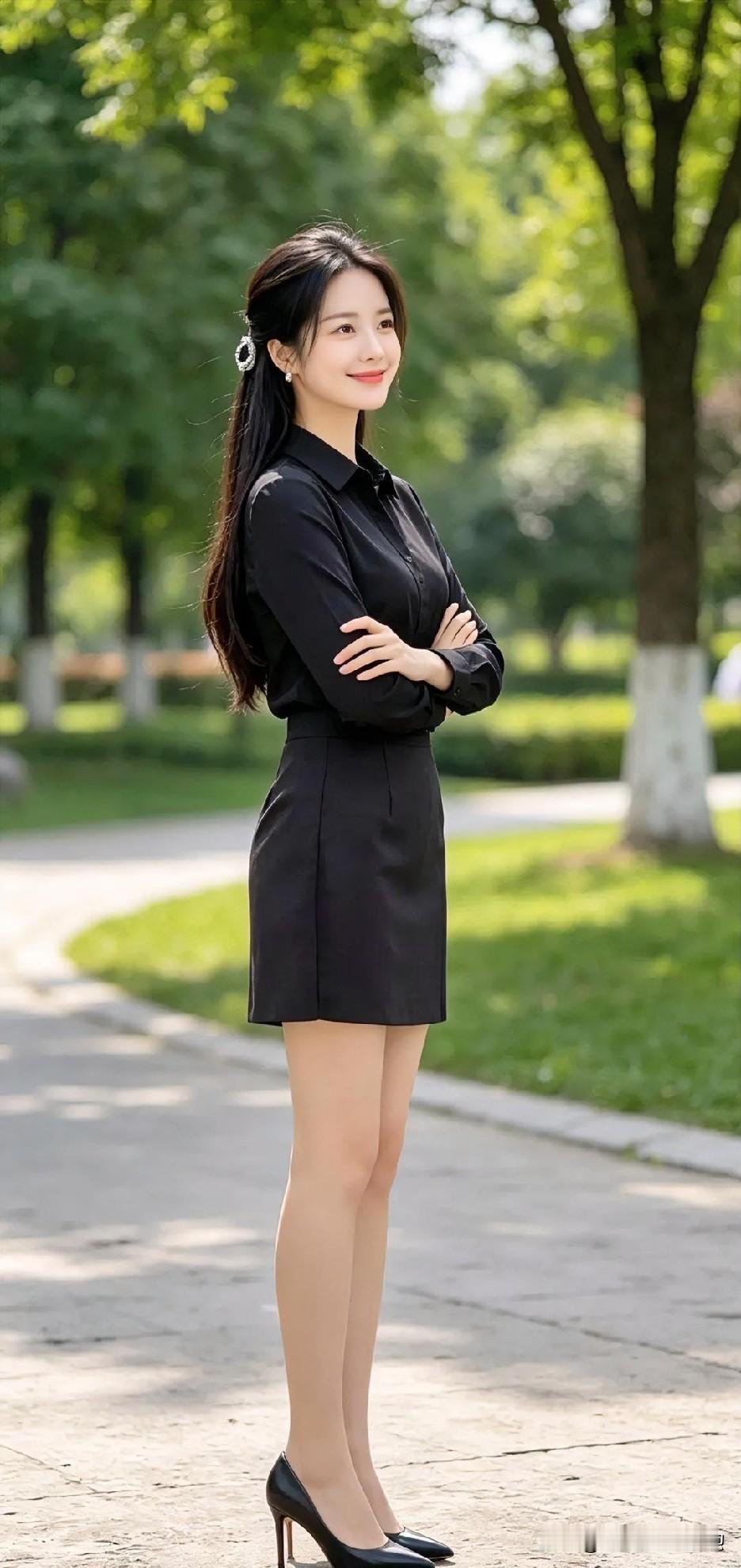 绿荫为屏，光影作裳。一袭墨色勾勒干练身姿，笑意浅藏于眉眼，如林间清泉，于静谧中绽