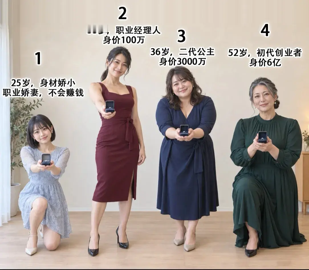 四个女士拿着戒指向你求婚，让你选一个，你会挑谁？1号25岁，娇小可爱...