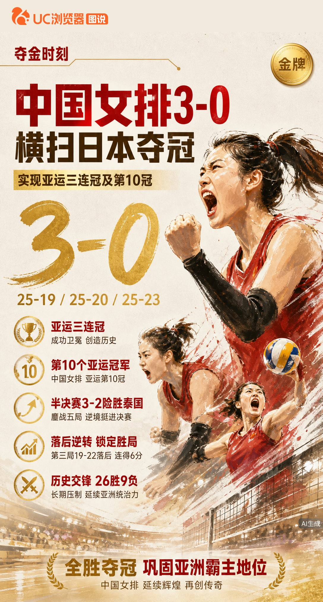 亚运女排第10冠！中国队决赛3-0横扫日本实现三连冠。第三局25-23逆转锁定胜局，延续亚洲排坛统治