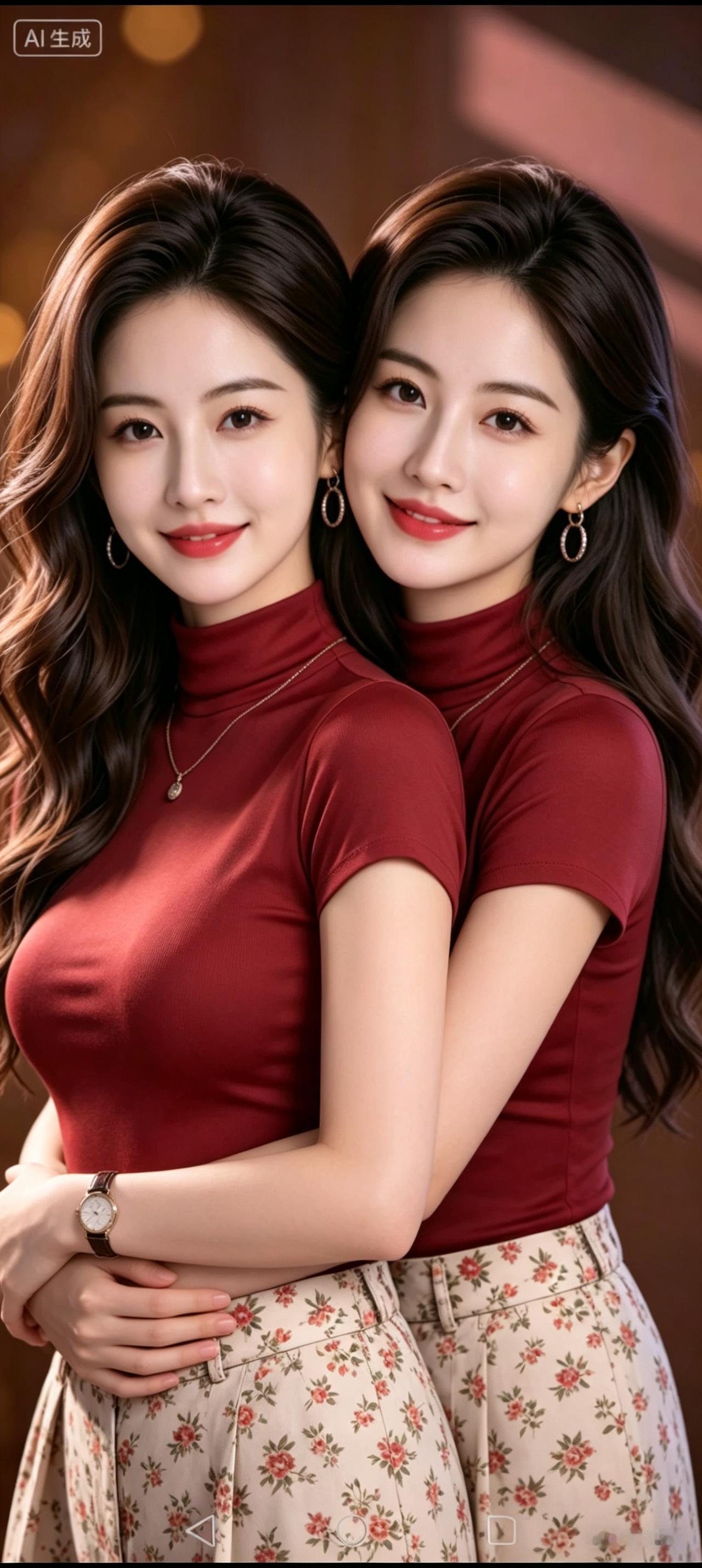 暖室姐妹情暖灯晕染满庭芳，柔影相依岁月长。卷发如云垂玉颈，朱衣似火映韶光