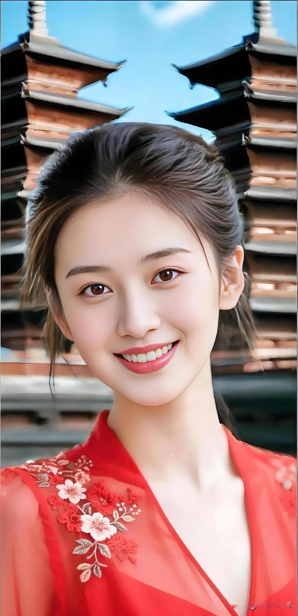 晴空为幕，古檐作影。一袭红衫裁春色，满肩花绣缀清欢。笑眼弯成檐角月，眉眼盛尽