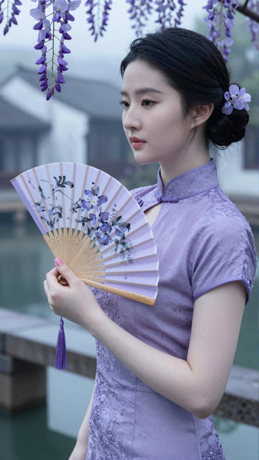 紫衣美人倚栏立，轻扇遮面意自闲。