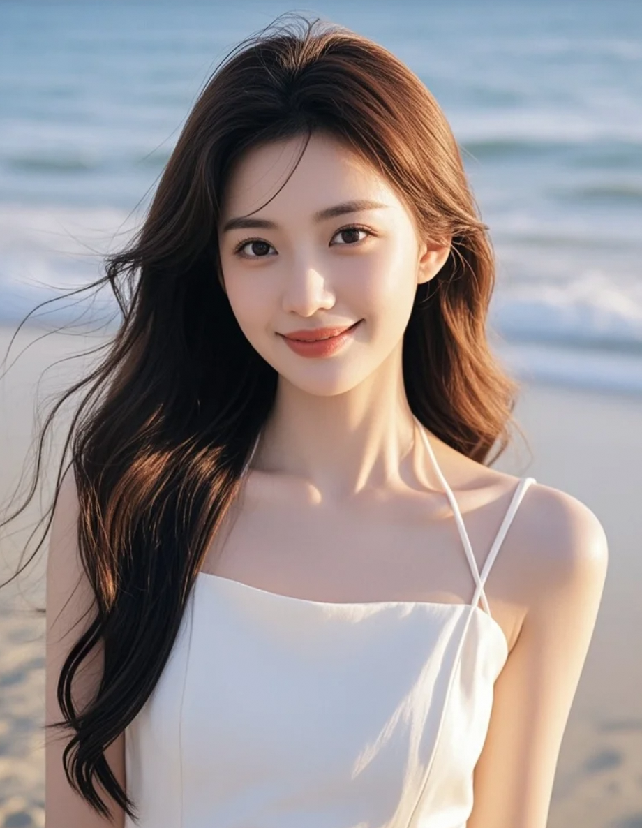 沙滩长发女孩展现青春洋溢之美