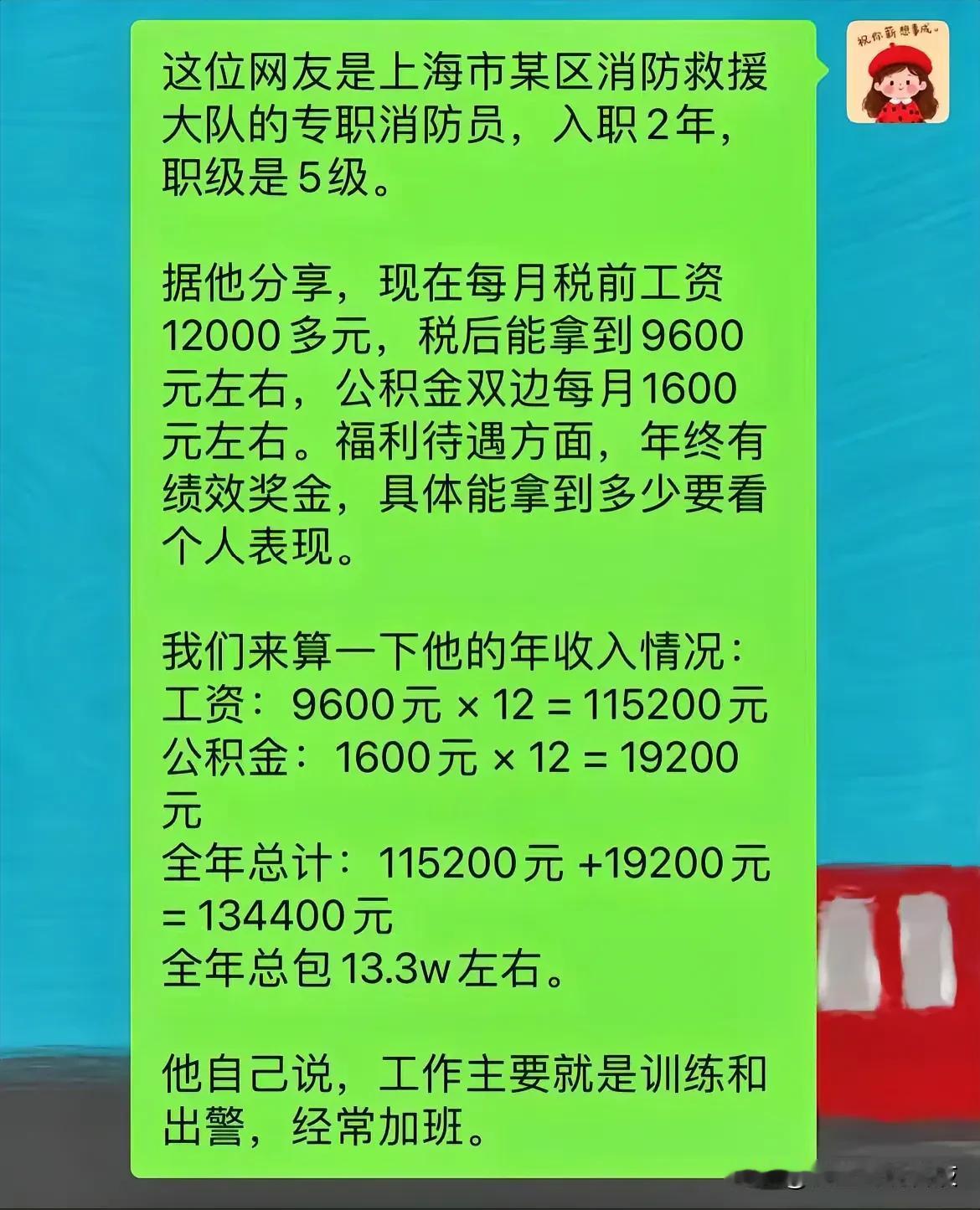 这是网友发的上海某区专职消防员，入职2年，据说全年总包13.3万左右！上海的