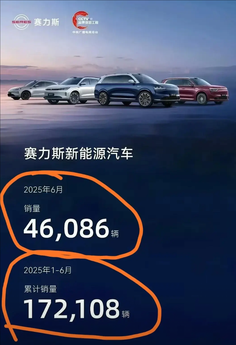 6月份赛力斯问界一家就突破46086台1-6月份总计销售172108台，这个