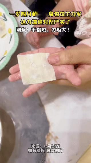 刷到个包饺子的视频笑到我差点把手机扔锅里。一岁四个月的小不点主动“应聘”饺