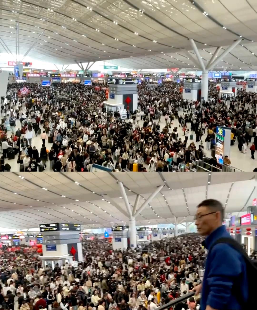 春运2.10日深圳北站人如蝼蚁具象化了，人直接排队排到扶梯口了建议至少早1
