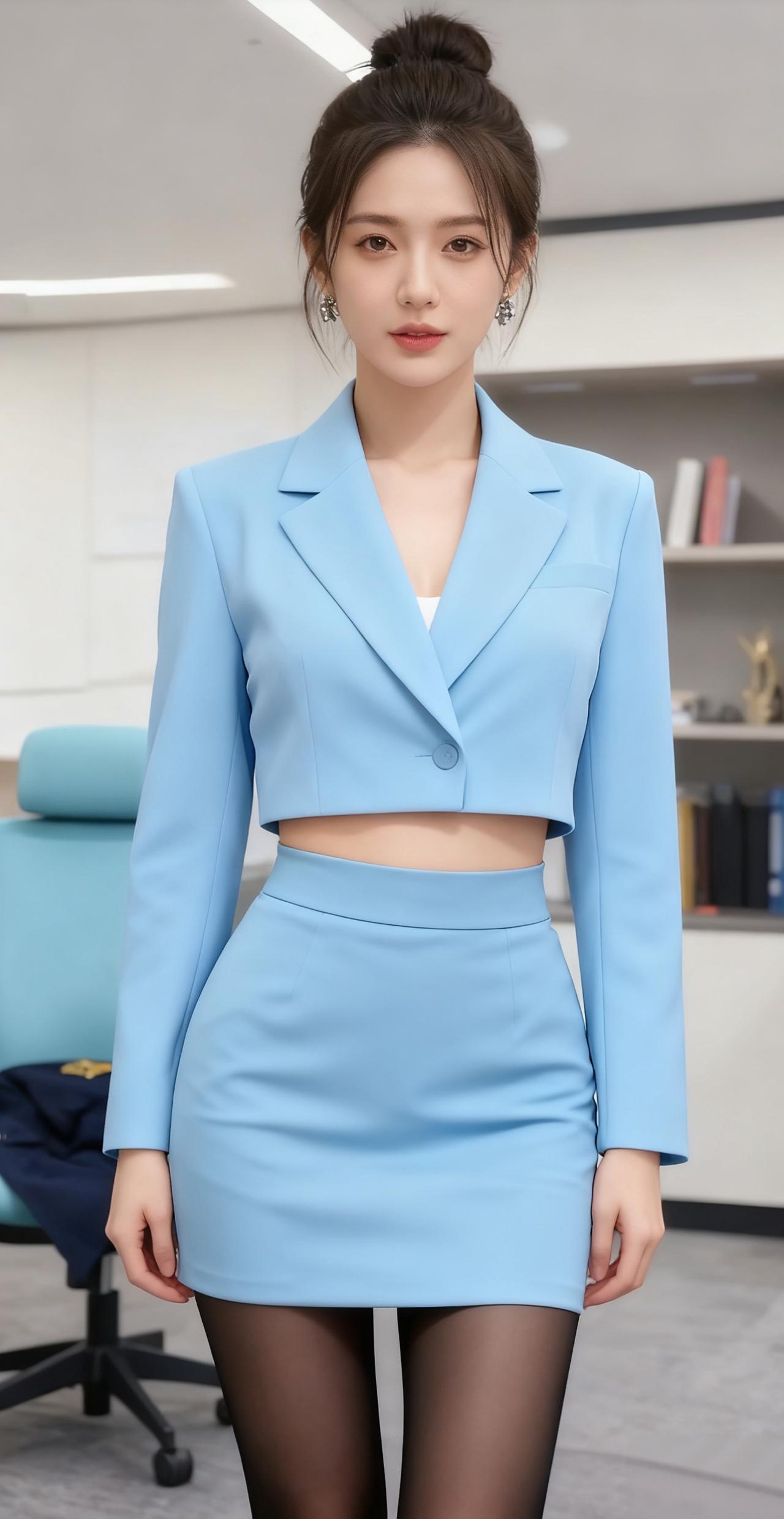 浅蓝西装风套装，整体为清新的淡蓝色调。高腰短裙，裙身开叉，充满了职场与甜美风格