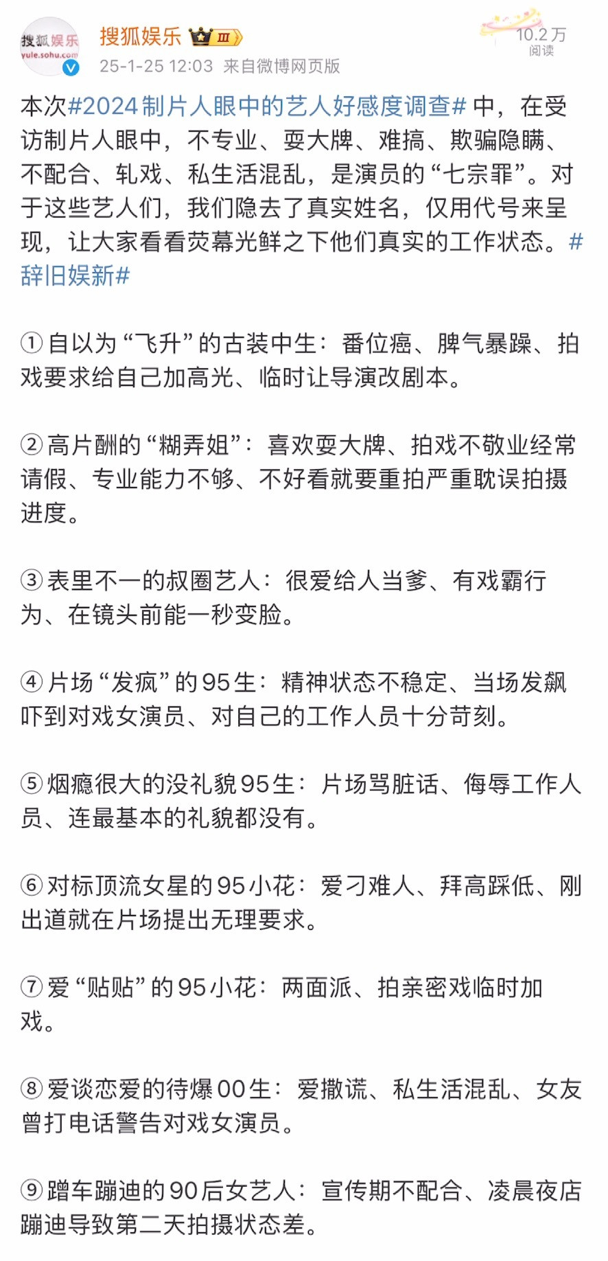 制片人眼中的黑榜艺人搜狐娱乐评选的2024年度黑榜艺人，猜到了其中几个。[吃瓜