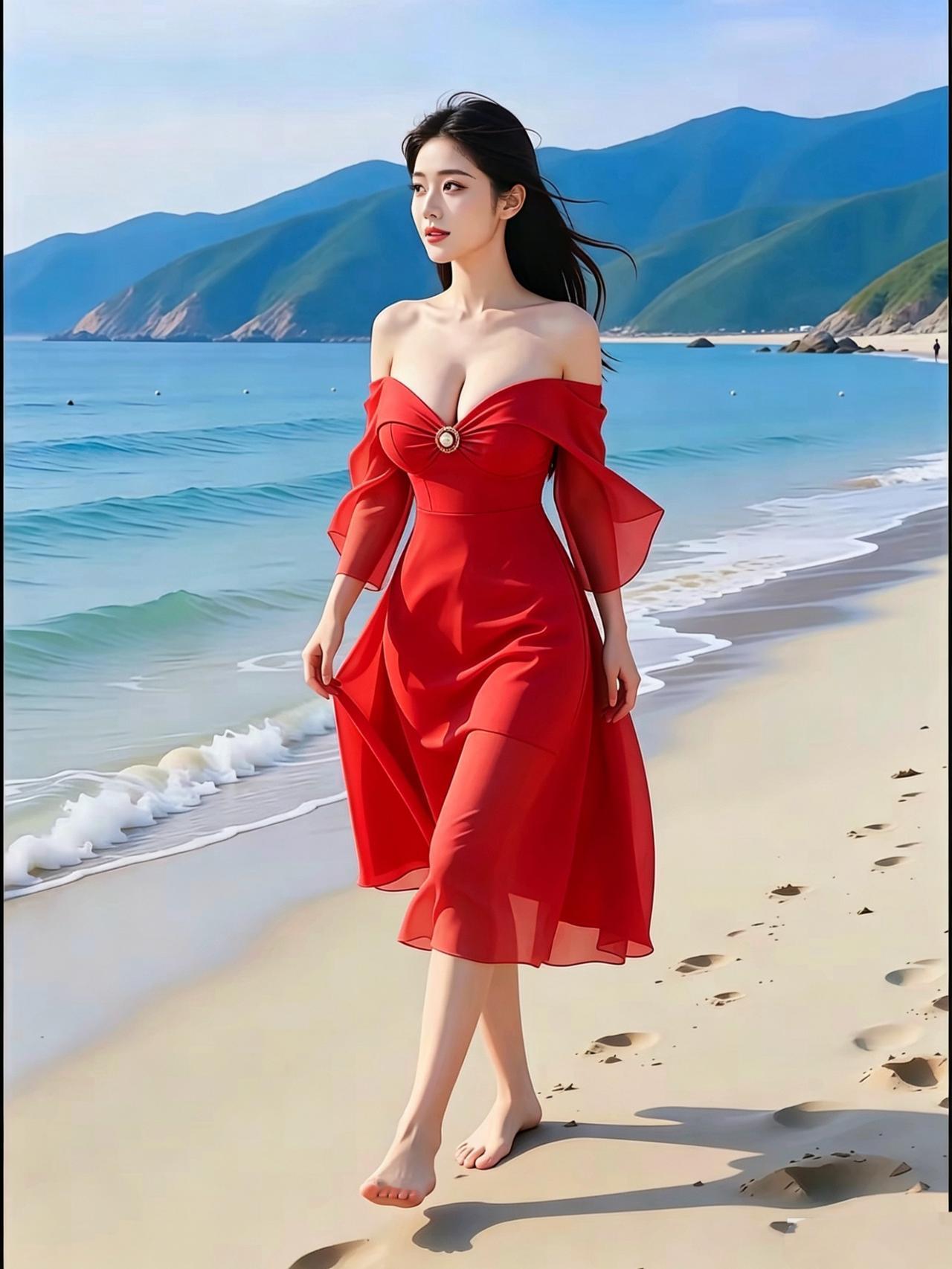 《红裙与海》海浪轻拍着细沙像一首温柔的序曲你赤脚走来红裙在风里舒展成