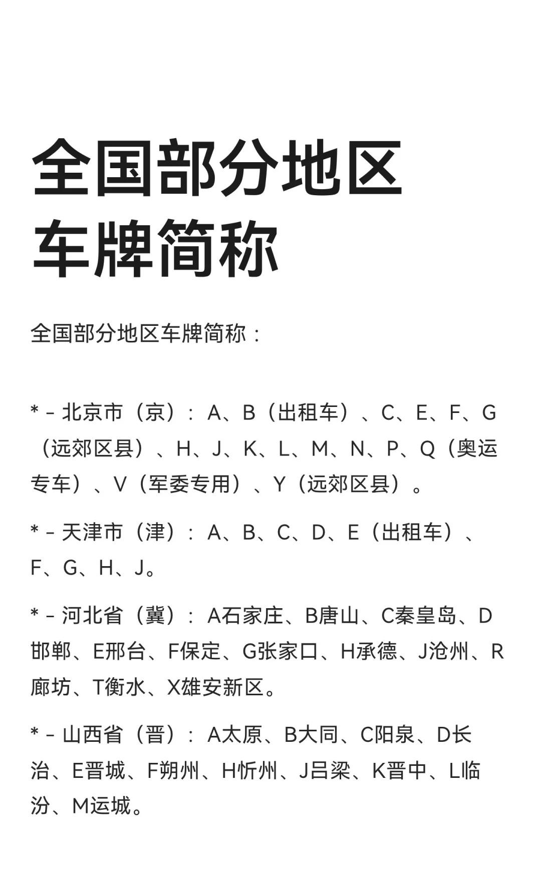 全国部分地区车牌简称全国各省市车牌简称，涵盖北京、天津、河北等34个省份，详细