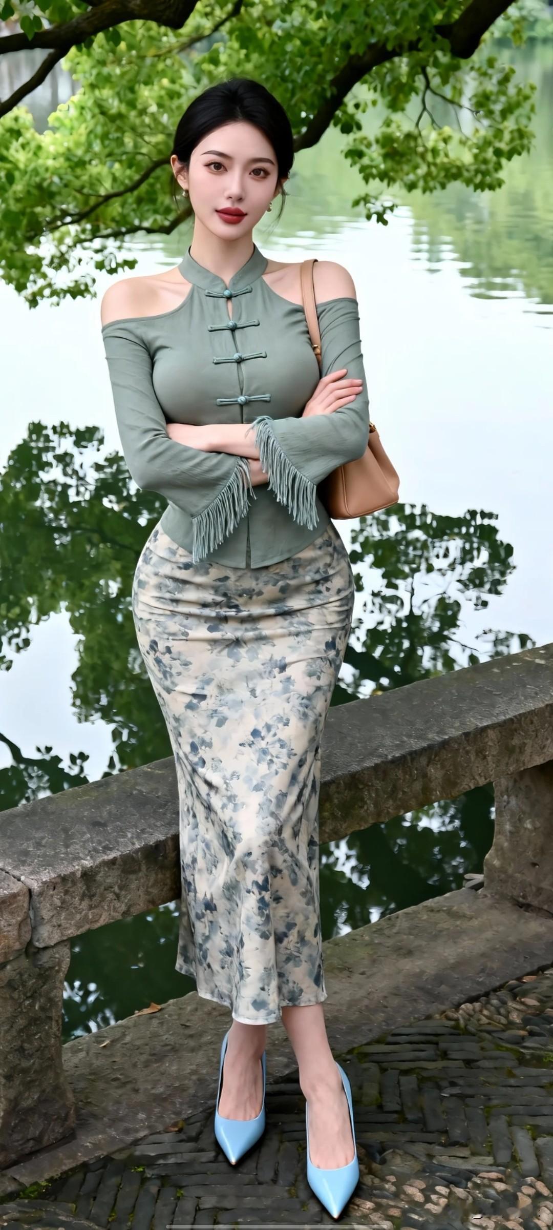 优雅气质穿搭，绿意盎然中尽显时尚风范