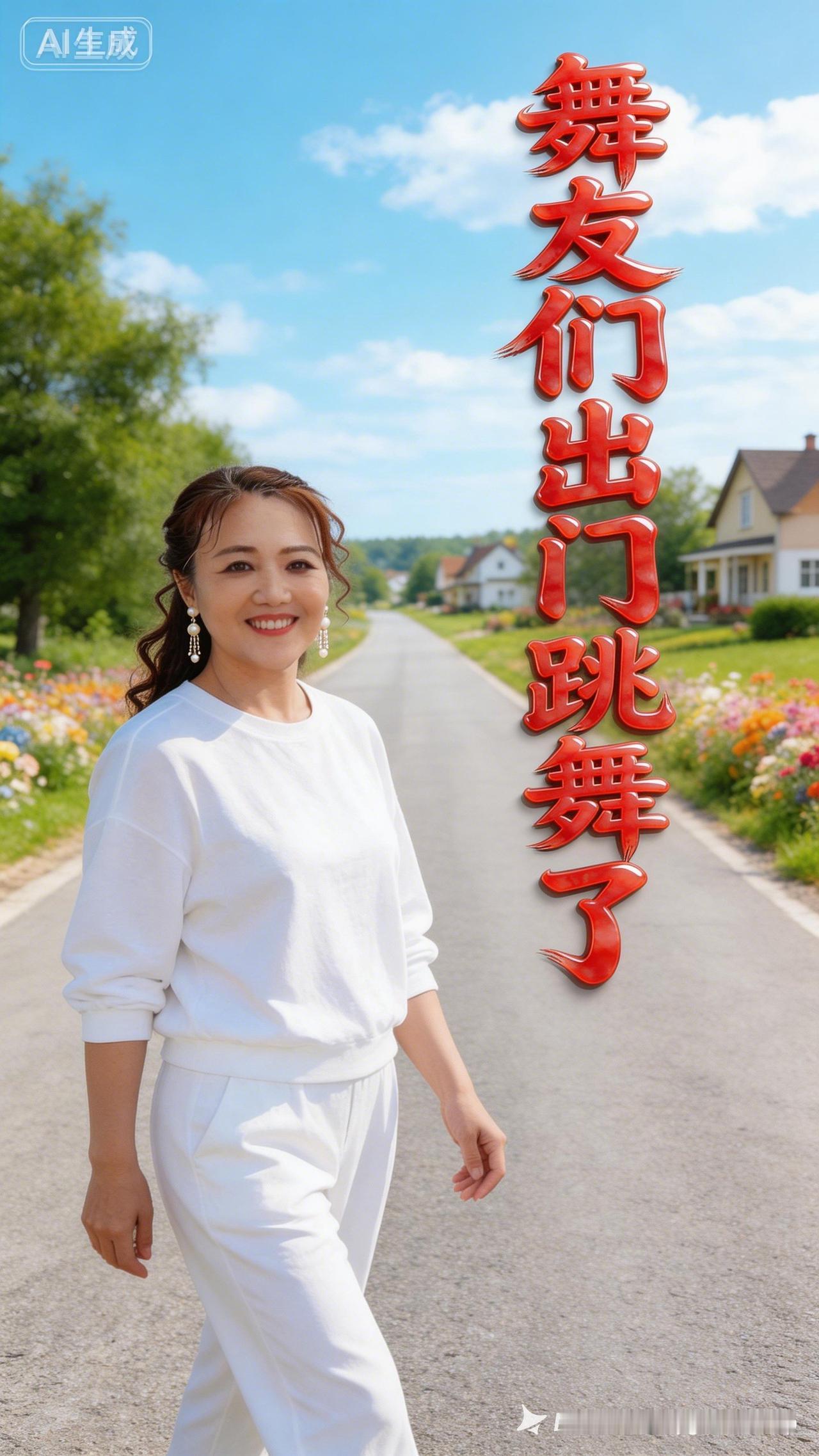 澄澈蓝天，白衣美人缓步走在宽阔道路。路旁草木繁花错落，远处屋舍雅致美观，画面清新