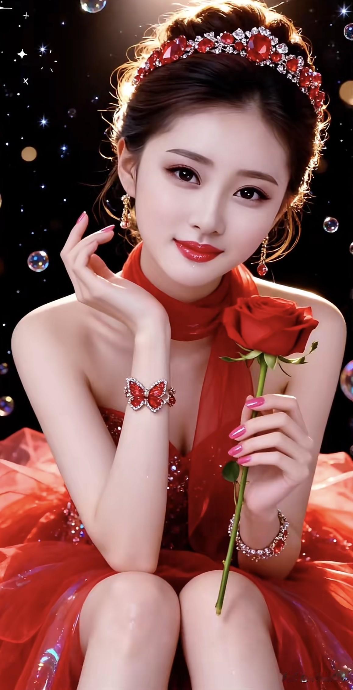 红衣美人，手捧玫瑰，似画如诗。红衣花朵红衣女拍照玫瑰红装美女红衣女拍照玫