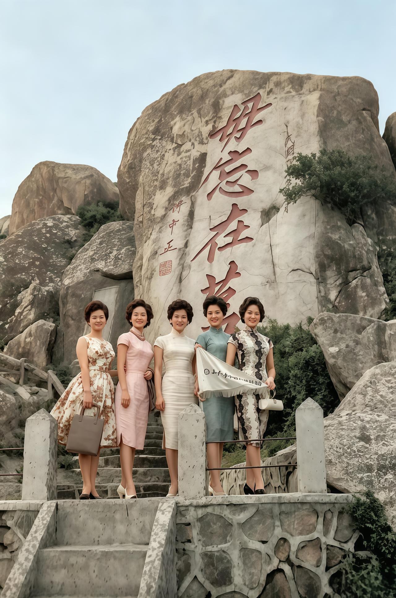这是一九六零年代，台五名选美小姐赴金门前线开展劳军慰问活动。五人在金门北太武山巨