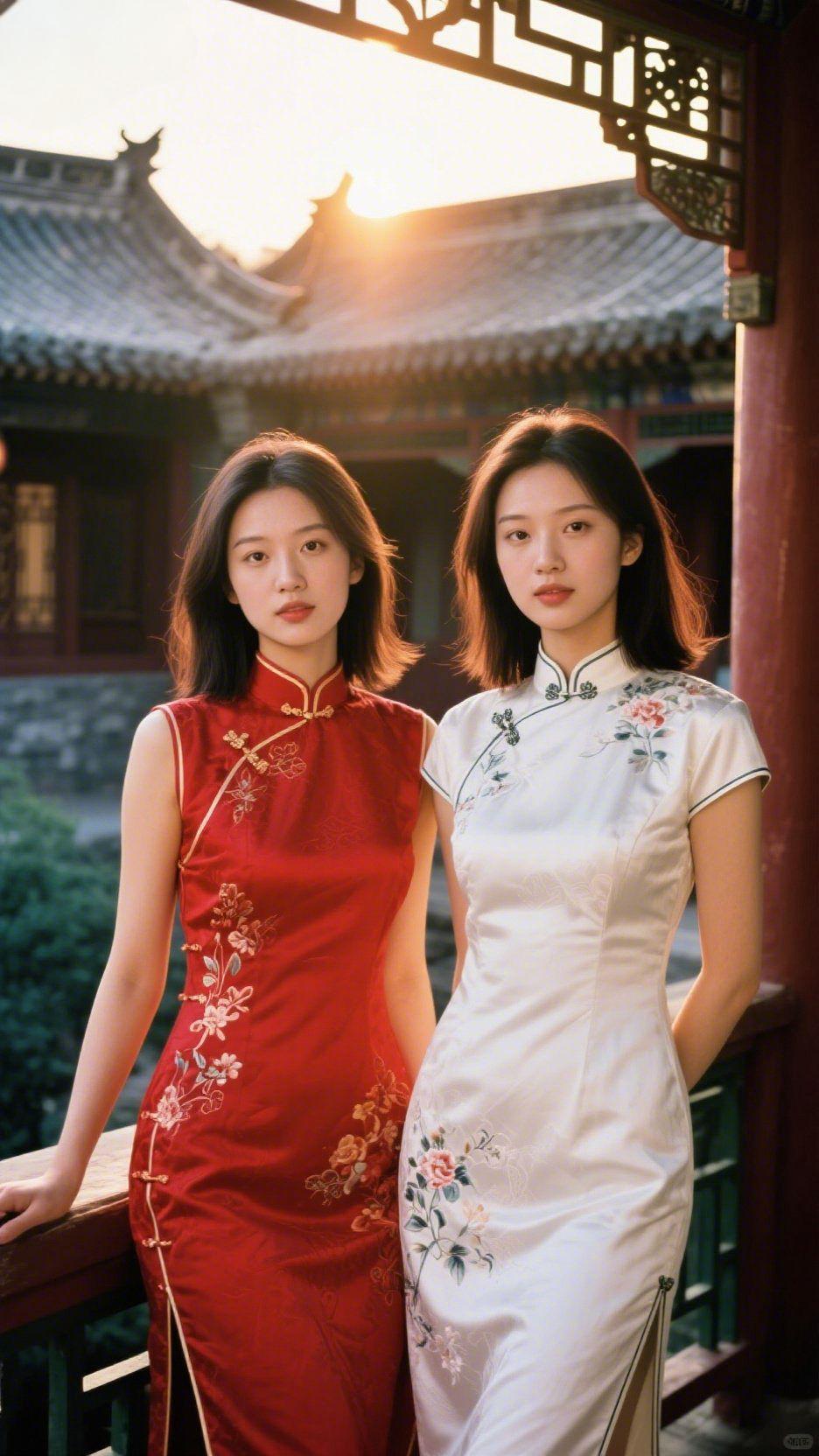 古檐下的旗袍夕影夕光轻覆飞檐，黛瓦浸在暖金里，风裹着旧院的草木气，擦过雕花