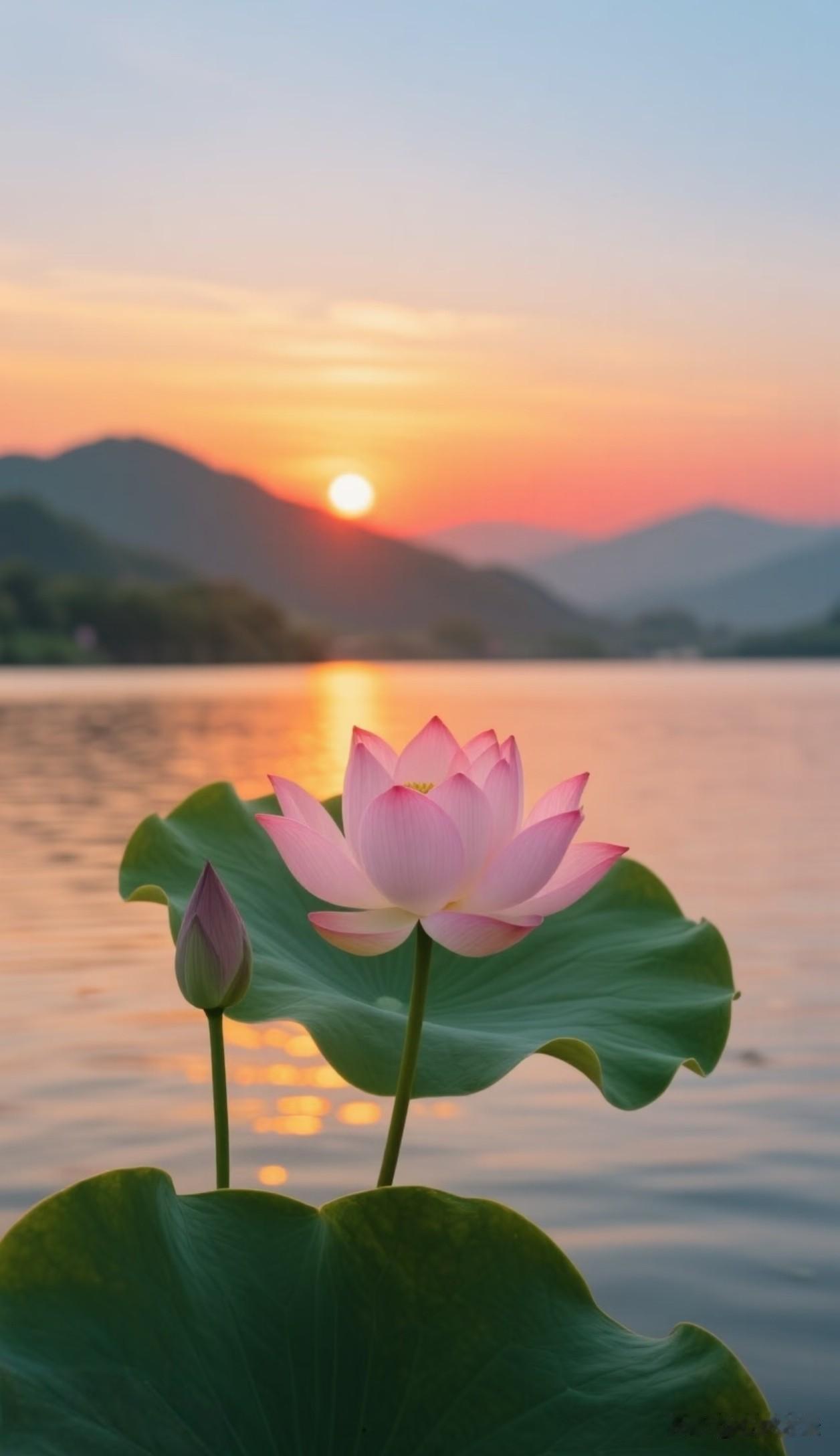 落日漫过湖面，清荷立于水波。它扎根水底淤泥，却迎着晚霞温柔盛开，花苞静待时机，