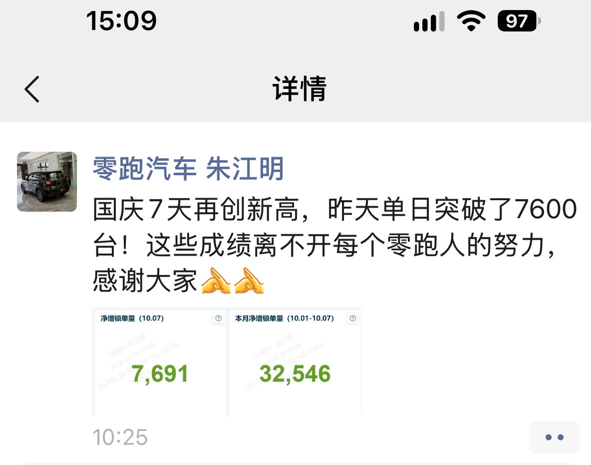 零跑CEO朱江明，天天玩手机，他后台的数据很刺激：10.7单日新增锁单7691辆10.1-7单周新增