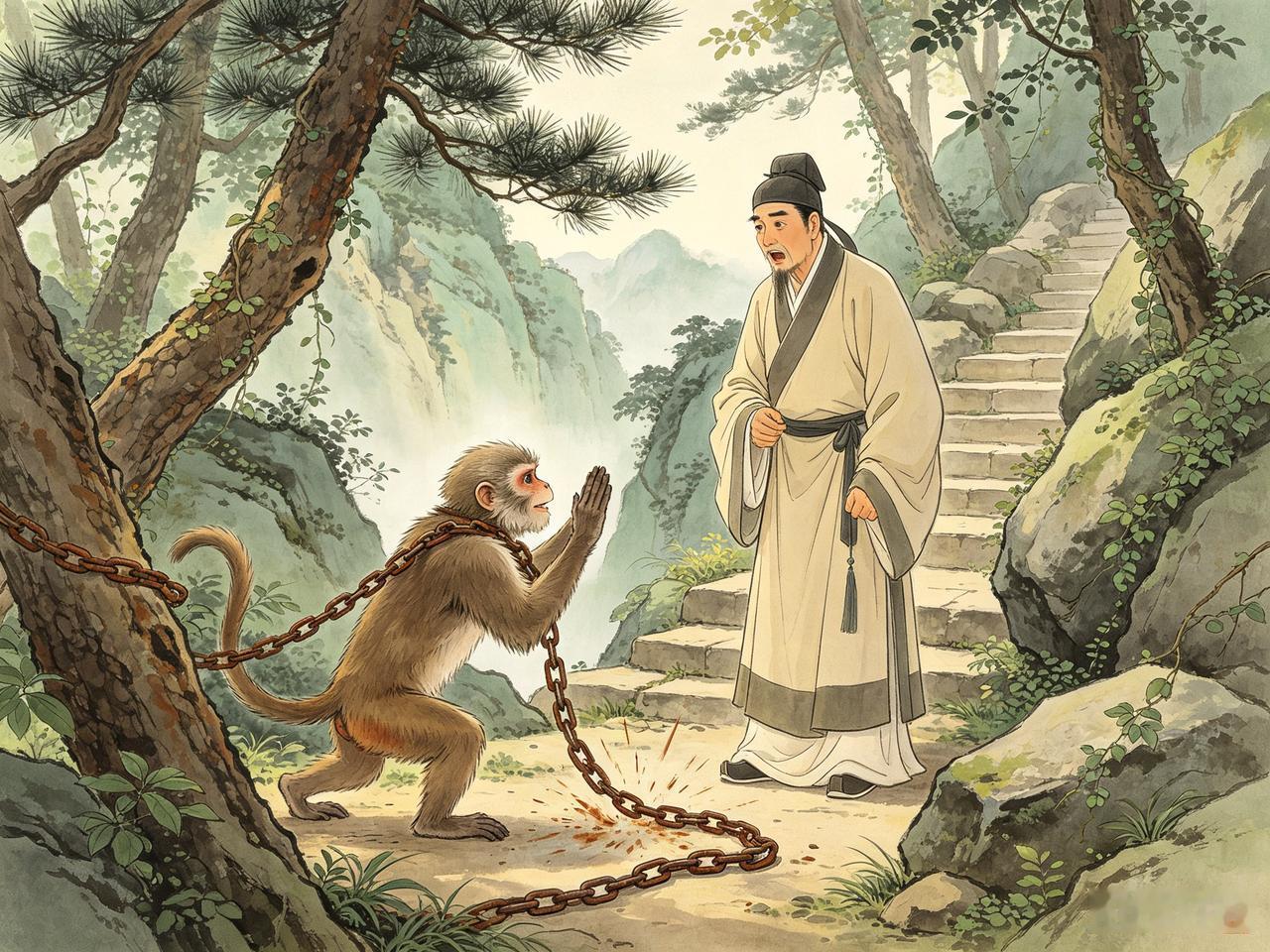 明朝人宋运在枫林渡口遇见一个耍猴人。耍猴人很凶悍，用一条细铁链锁着一只猴子，猴