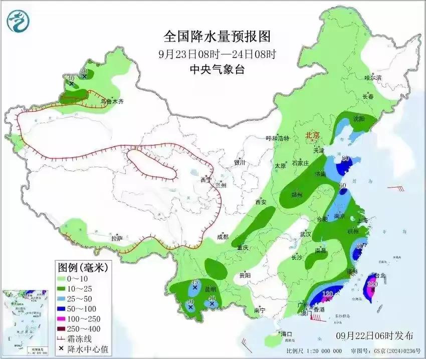 9月22日至24日全国降雨分布图23日，山东半岛将迎来中到大雨，个别地区会出现