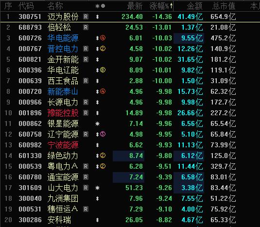 今天A股跌幅榜，跌停股清一色的电力股，电力三大龙头全部跌停，华电能源止步24连阳