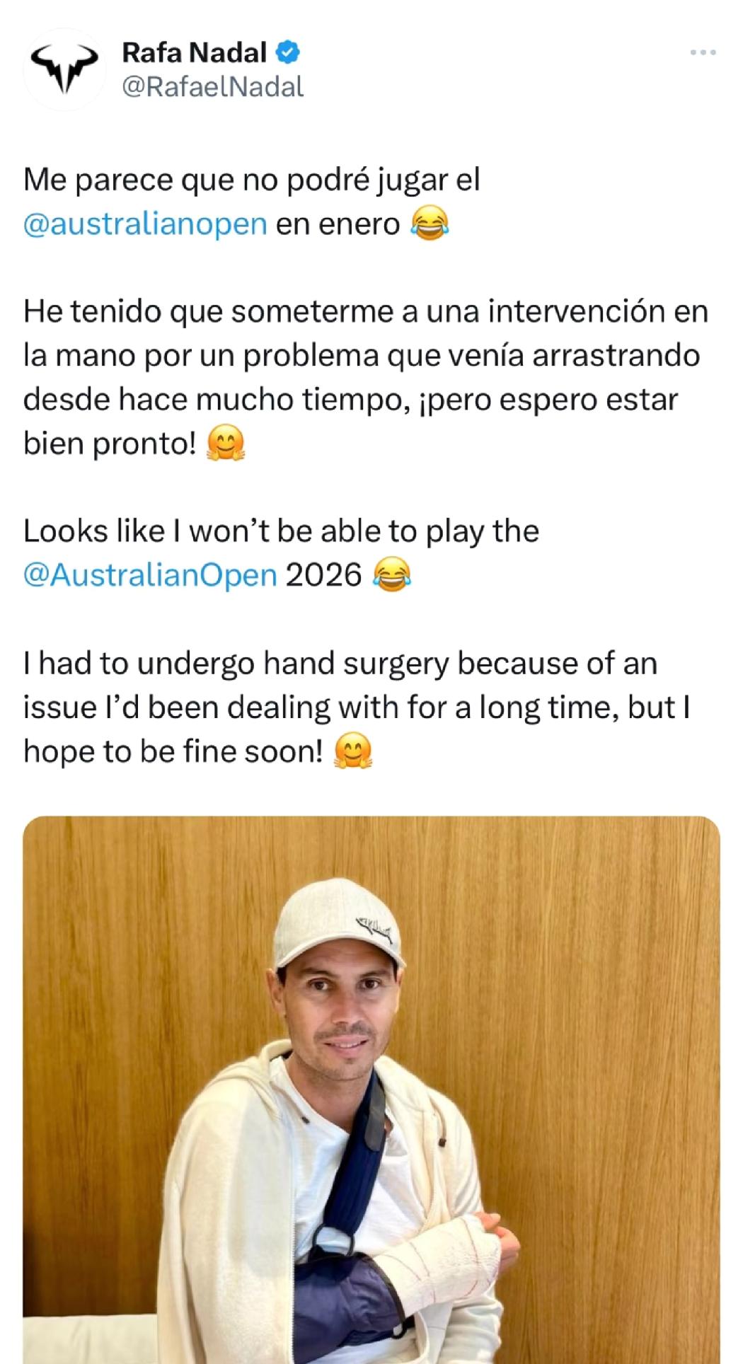 纳达尔官宣不参加明年年初的澳网比赛。纳达尔右手刚刚做了手术，他特意在社交媒体发