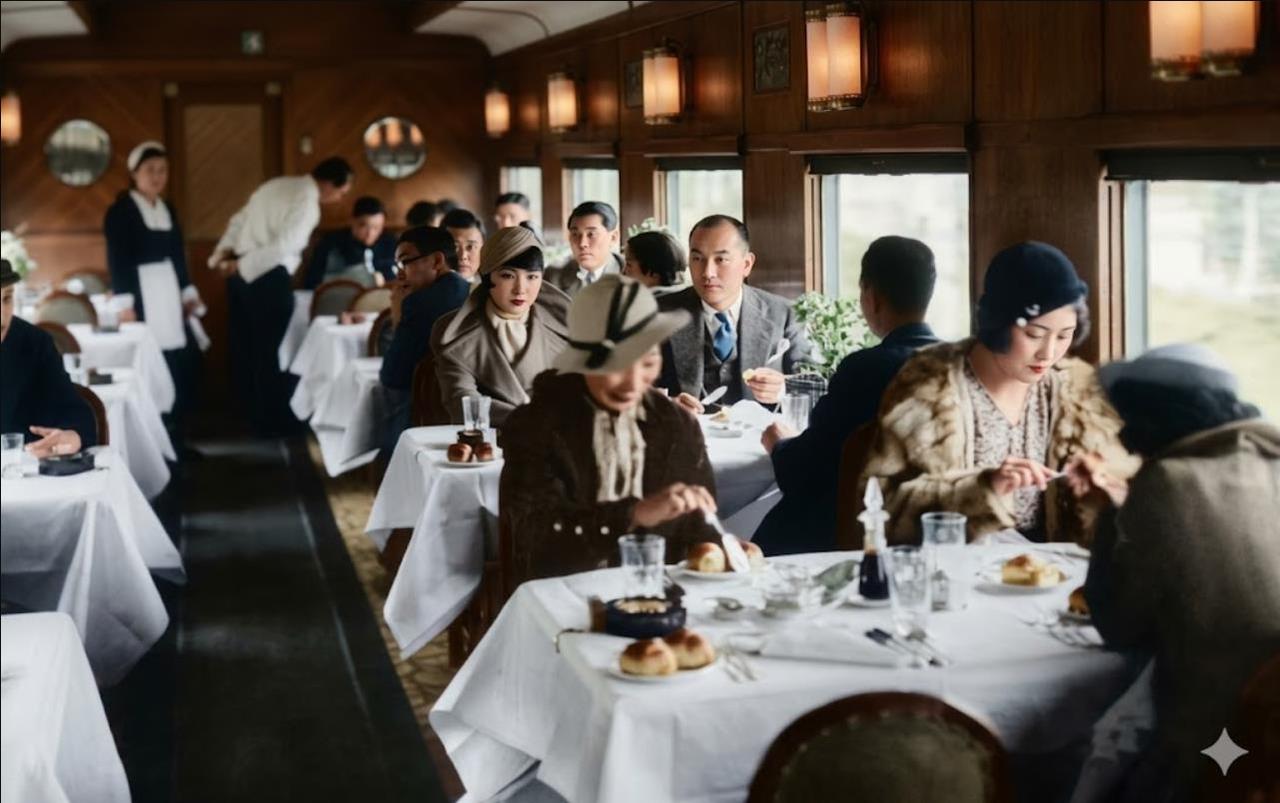 1935年，伪满亚细亚号特快列车的餐车，欧式装潢、铺着雪白桌布的西餐餐台、精致糕