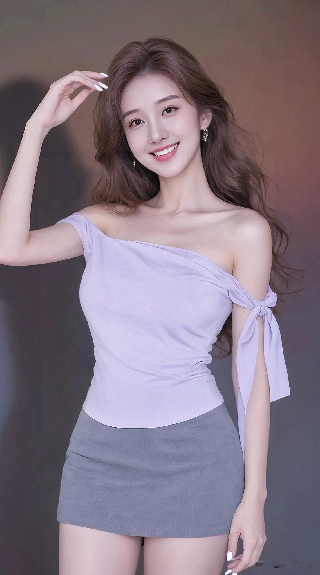 温柔甜美，浅紫色露肩上衣搭配灰色短裙，尽显优雅气质！💖✨甜美小仙女的穿搭分