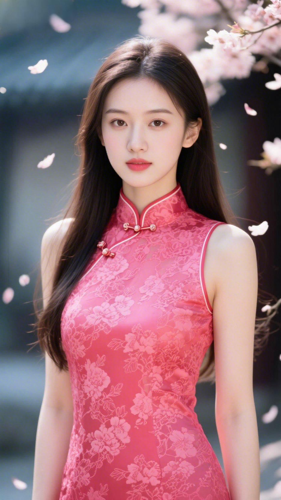 《绯衫伴樱的春柔》樱风裹着粉瓣漫过肩头，她立在轻雾里，绯色旗袍似揉了春霞的