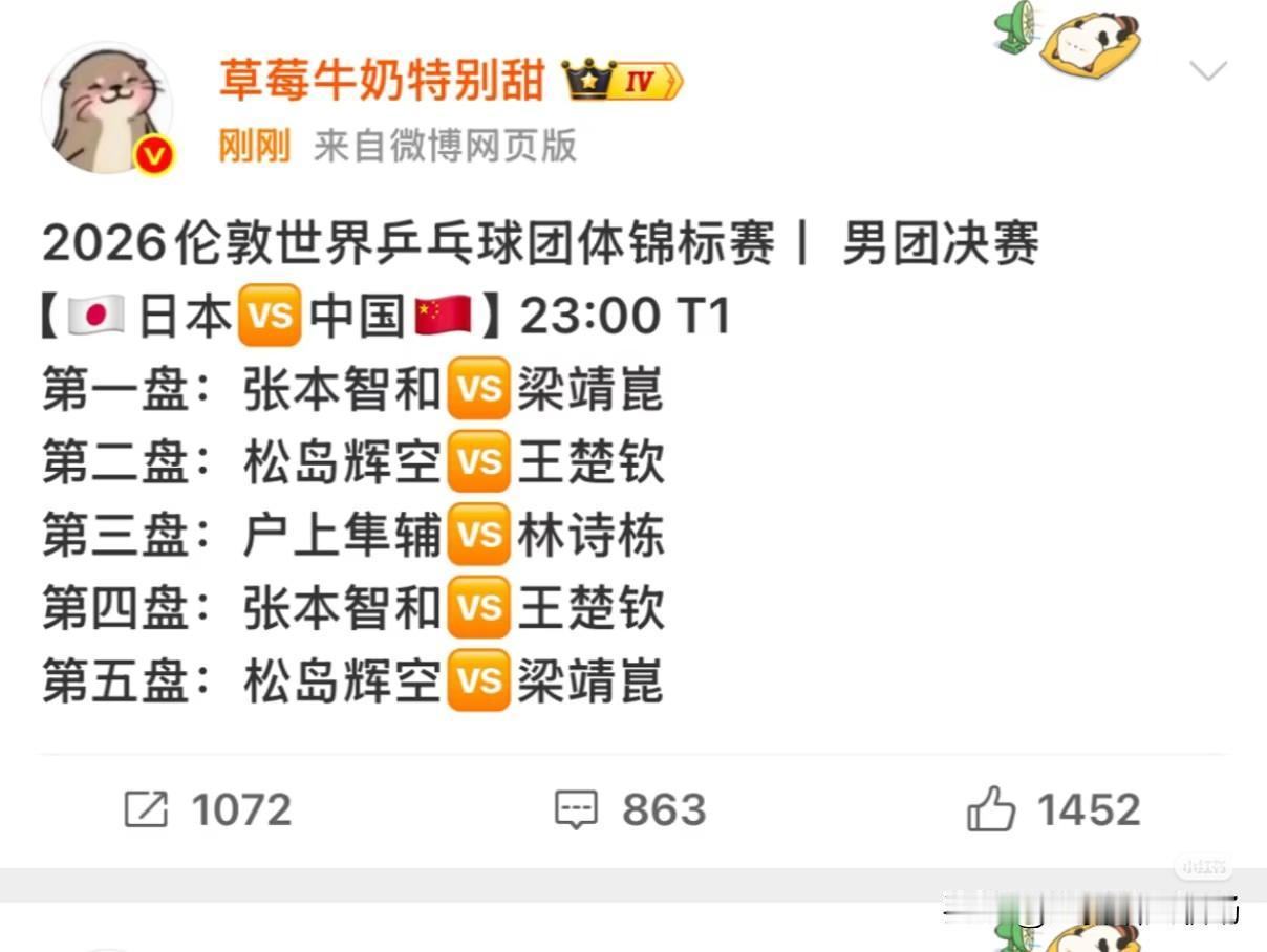 两场决赛，全都是中日之战！这一次，我们抽的是客场，第一个上场的是梁靖崑，他对战的
