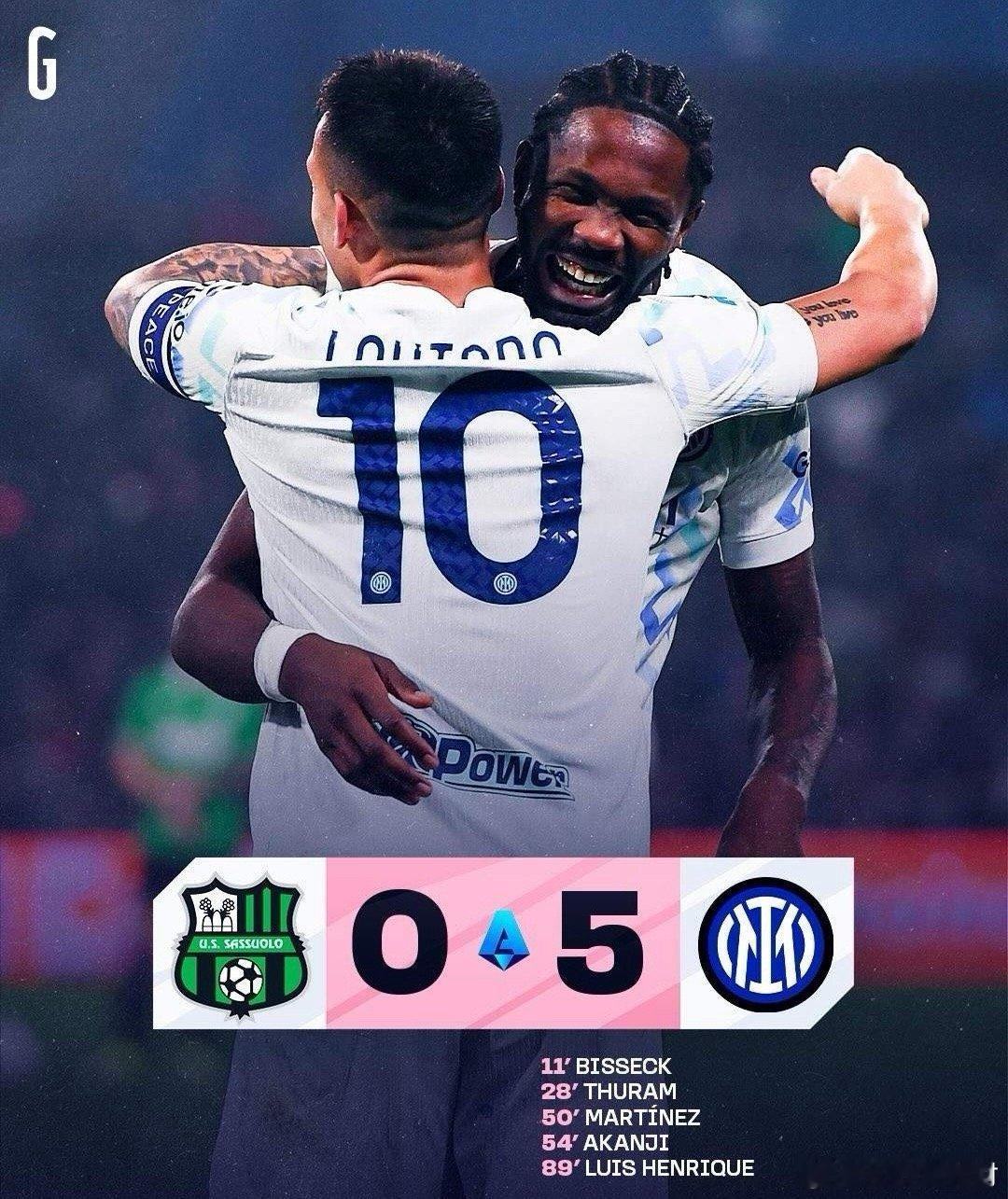 双倍快乐达成！意甲联赛第24轮国际米兰在客场狂进5球打的苦主萨索洛满地找牙，蓝黑