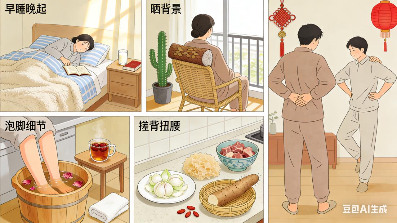 冬季养生要做到：“1、多喝水，少洗澡2、勿贪凉，泡泡脚3、百合，银耳，白萝