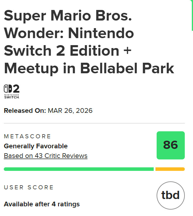 【Switch2《马力欧惊奇》媒体评分出炉】《超级马力欧兄弟惊奇Switch