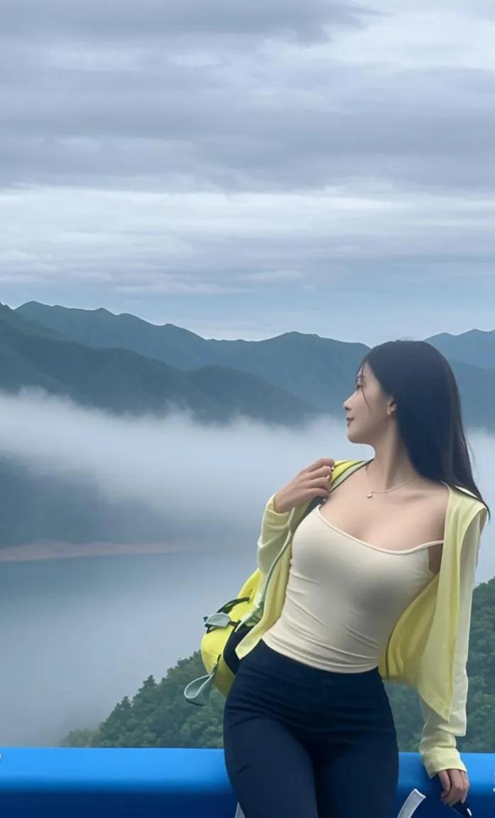 云海翻腾处，佳人倚栏杆。在山峦云雾间，她背着行囊伫立。那望向远方的眼神，似藏着