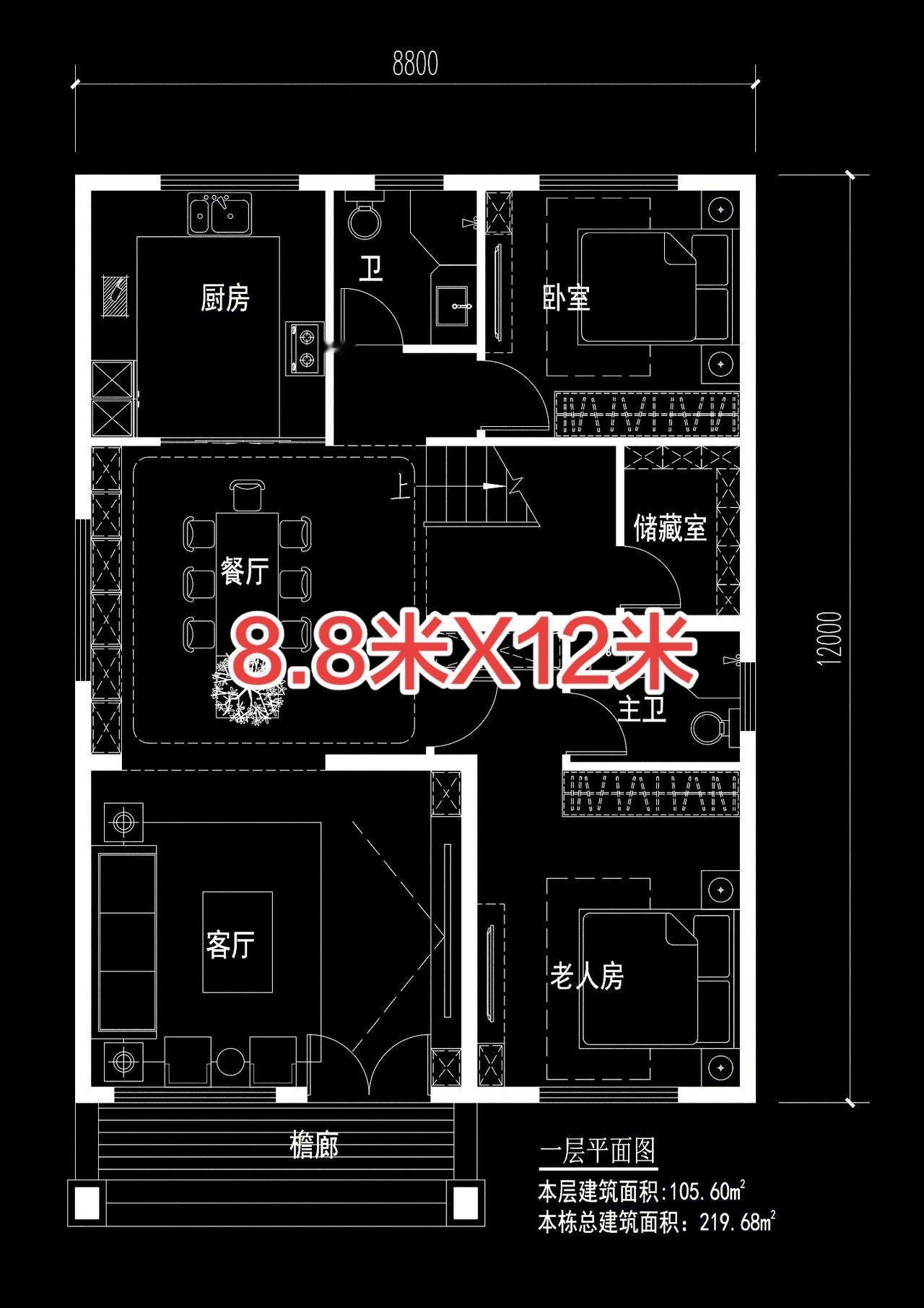 8.8米X12米，二层自建房户型布局。别墅自建房平面布局自建房设计布局农村自