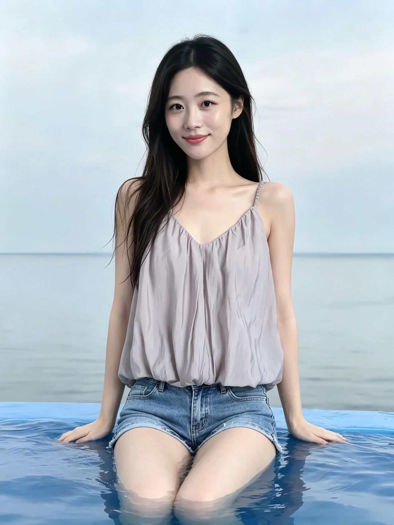 素影临清沼，罗衣淡淡香。云丝垂鬓畔，星眼亮波光。浅笑春山软，轻姿水色长。悠