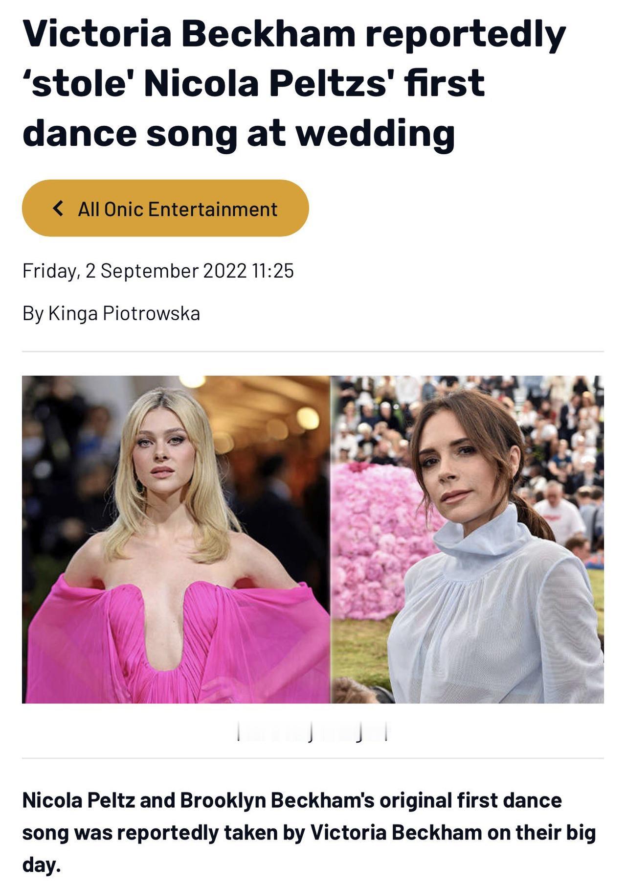 2022年9月，一篇关于布鲁克林·贝克汉姆与妮可拉·佩尔茨婚礼的报道。大致内容可