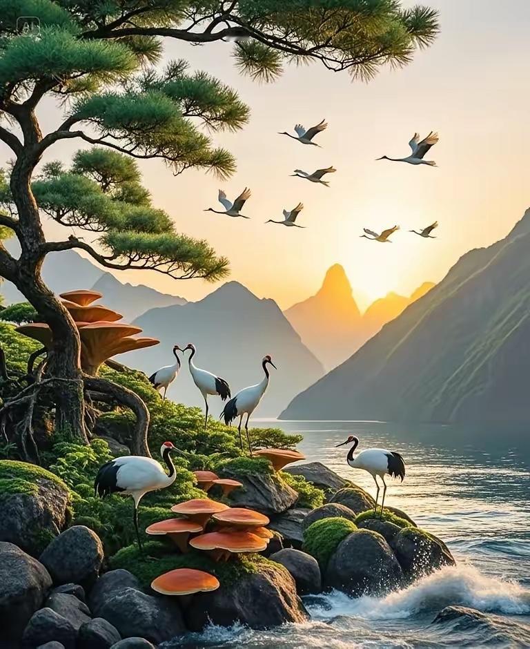 仄仄平平平仄仄）翠柏山鸡来河畔，平平仄仄仄平平）苍松白鹤入烟霞。横批：《苍松