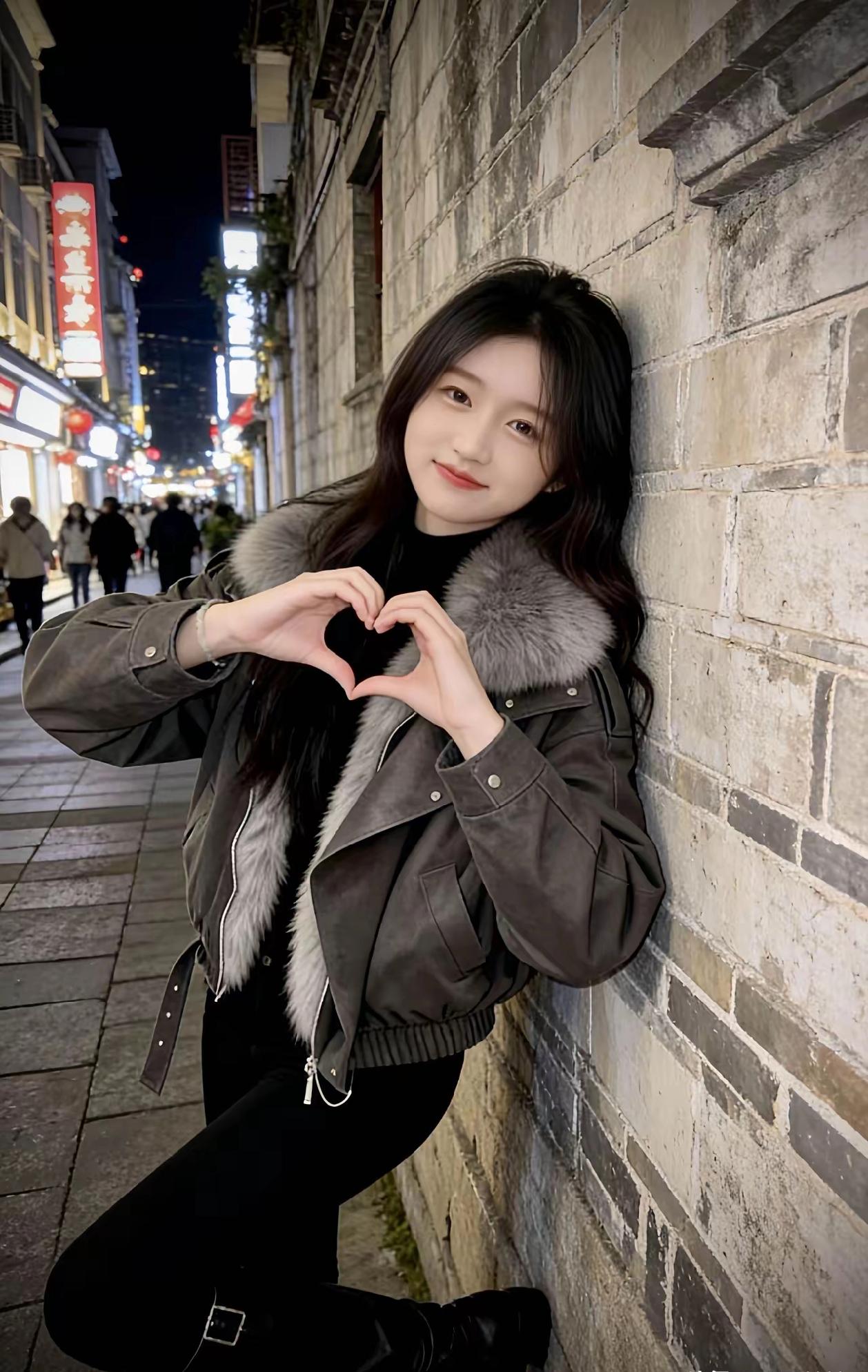 夜晚的街角，少女的心形手势，温暖而浪漫。