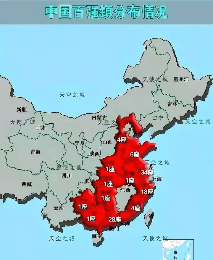 百强镇分布地图，清晰勾勒出我国镇域经济的强弱版图。江苏以34座强势领跑，广东28