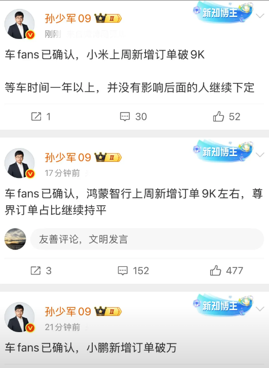 少军今天的订单周报估计要让不少人失望。最大的亮点莫过于小米的数据，上周新增订单