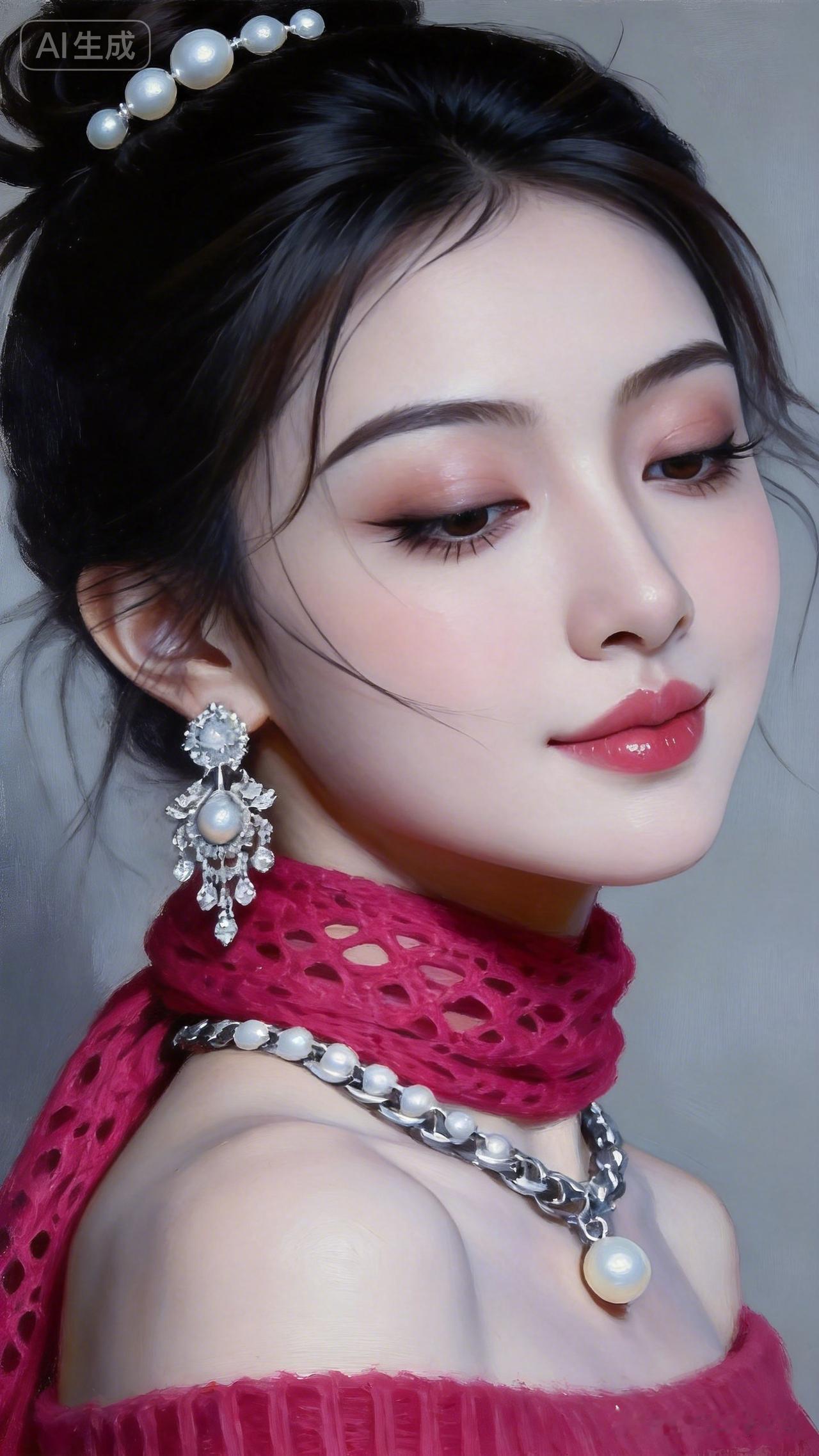 美女浓妆纤长睫毛，闭目凝神，莹润粉唇，羊脂玉冷白肌肤，黑发轻拂脸颊。柔灰极简背景